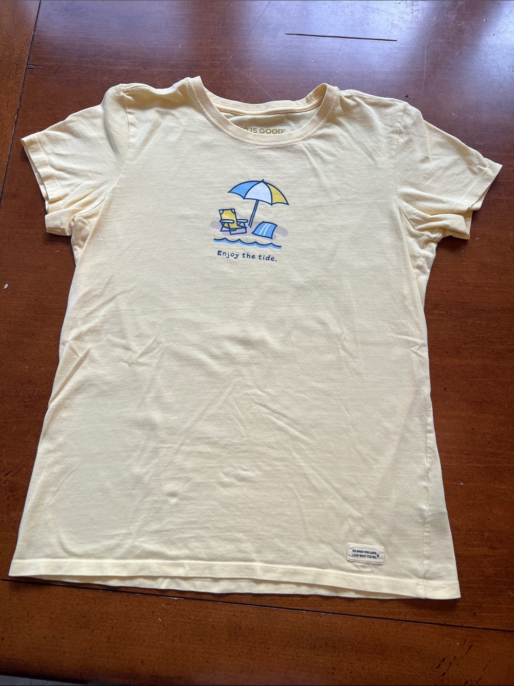 Women’s Yellow Life Is Good Beach-Print Swim Tee - Enjoy the Tide